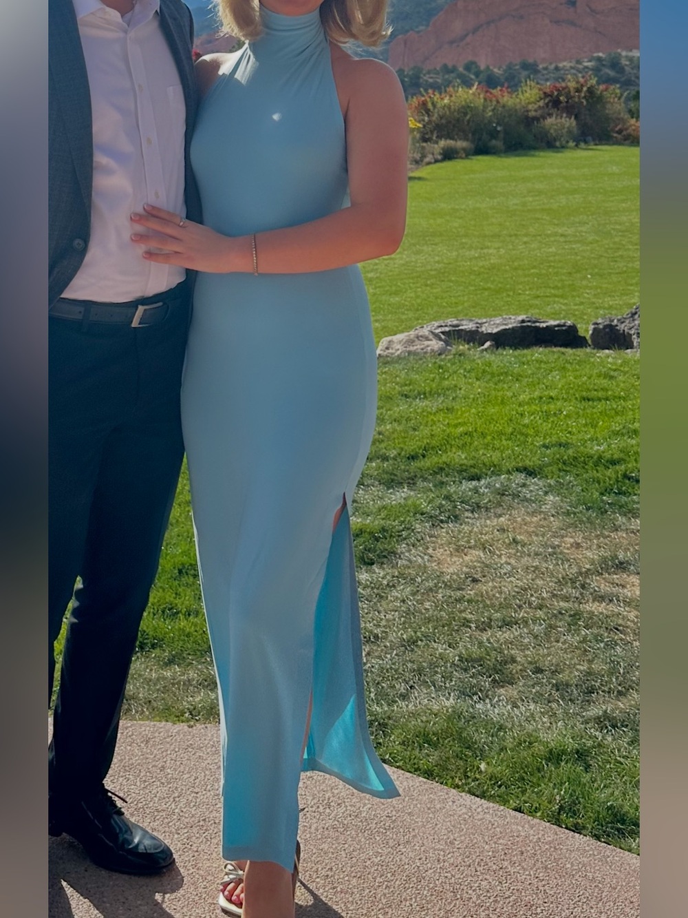Revolve Norma Kamali Halter Turtle Side Slit Gown in Powder Blue